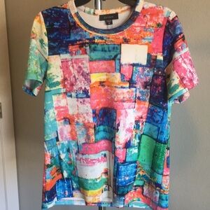 Vibrant, Multi-Color, Abstract Patchwork Karen Kane Short Sleeve Shirt